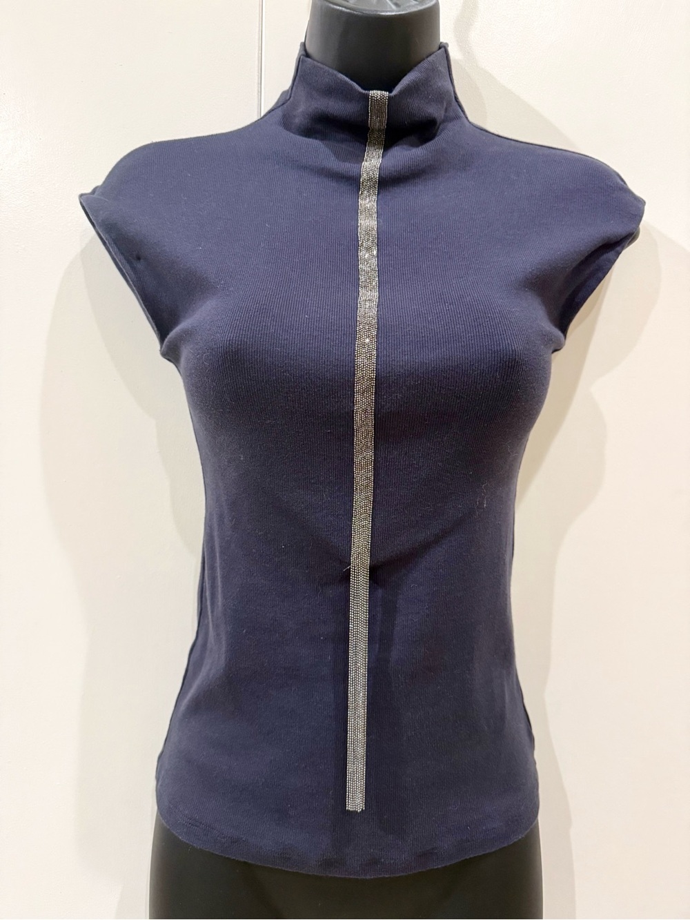 Brunello Cucinelli Gray Mock Neck Top with Silver Monili beads